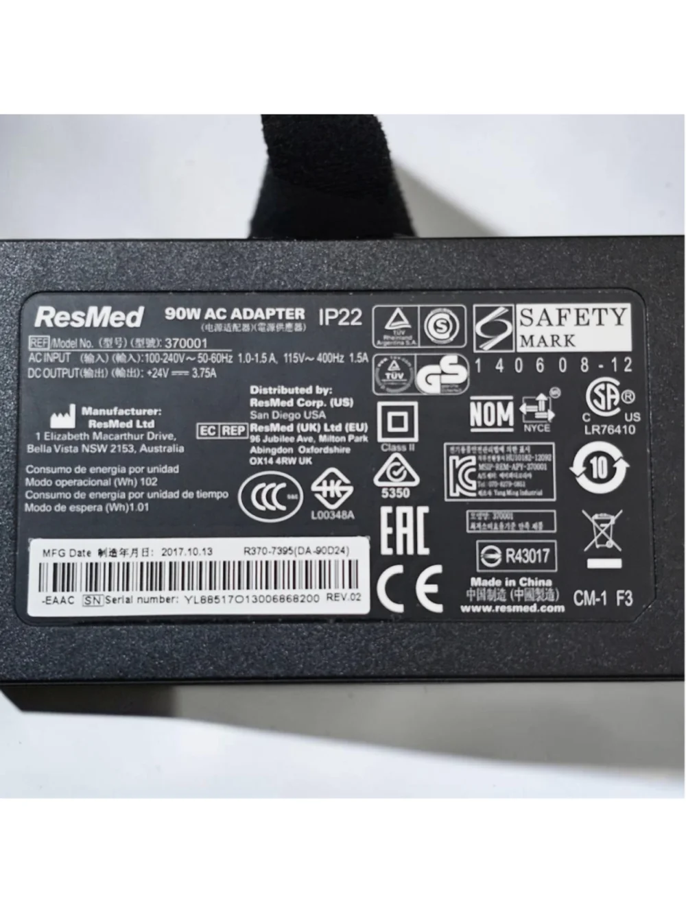 Genuine ResMed 370001 90W AC Adapter 24V 3.75A AirSense 10 AirCurve 10 OEM